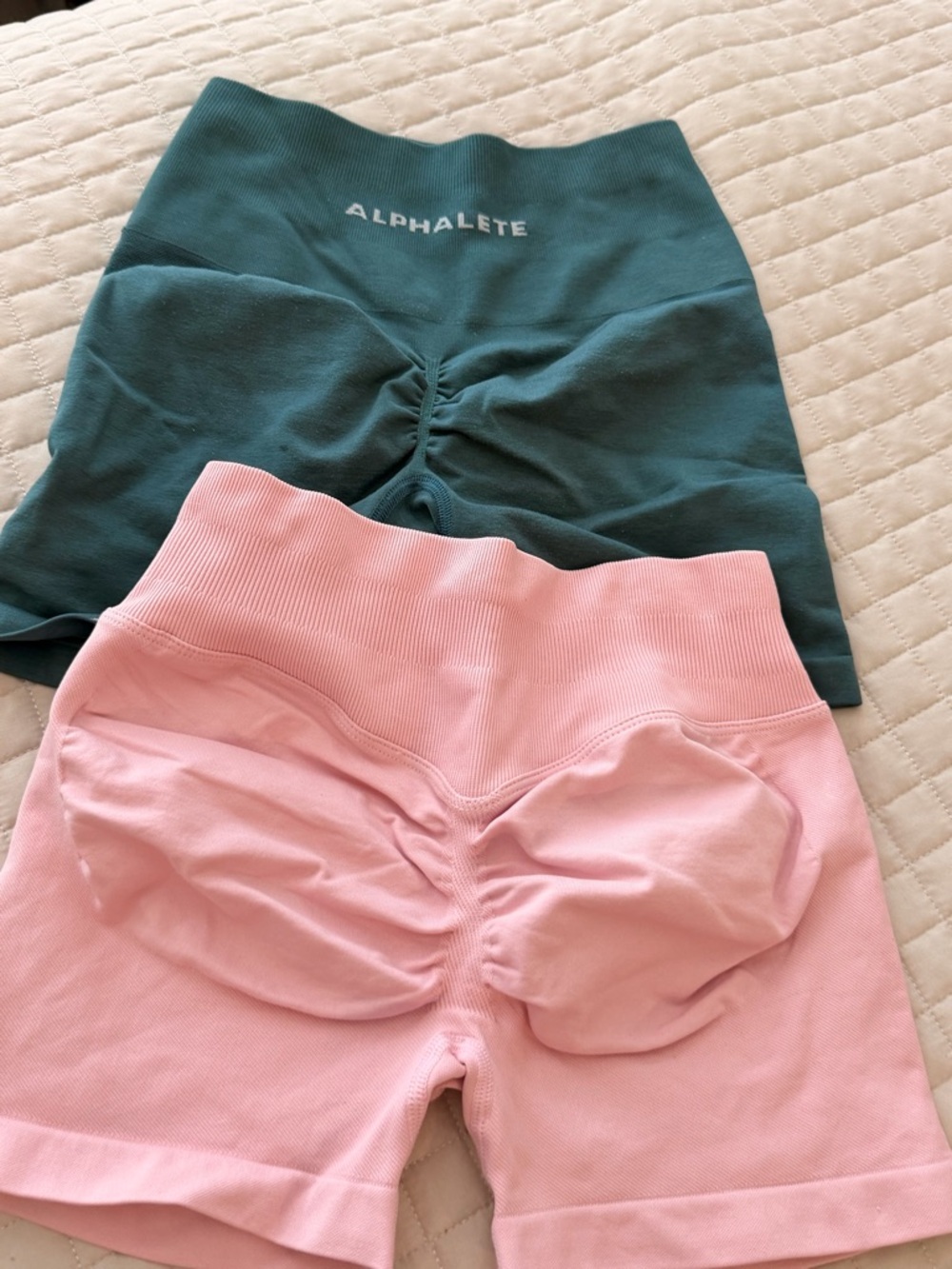 Alphalete Kids Ribbed High-Waist Shorts - Teal & Light Pink